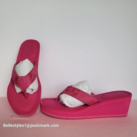 COACH Jaicee Wedge Platform Sandals in Signature Fabric-Fuchsia color.Size 9.5B⭐ - Picture 1 of 16